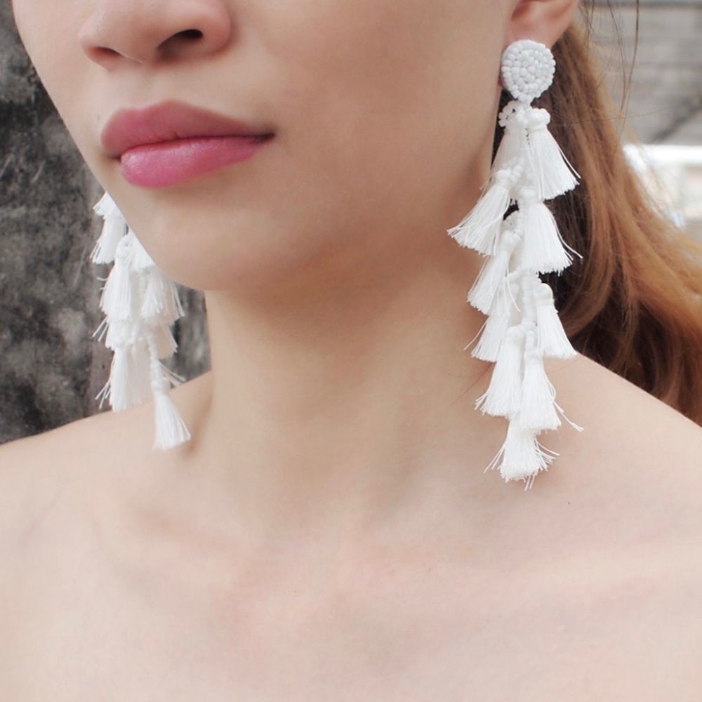 Boho White Tiered Tassel Beaded Drop Earrings NWT